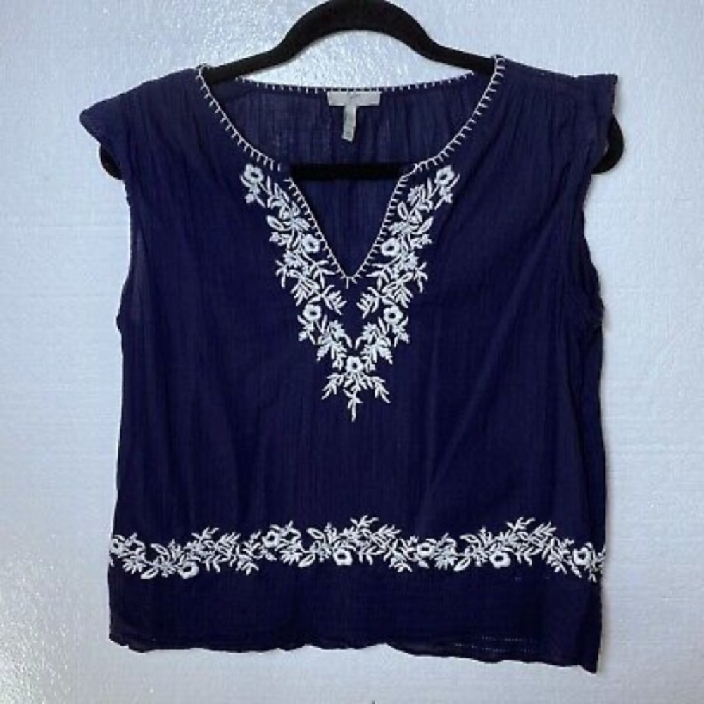 Joie Womens Size S Navy Blue Embroidered Top Ruffle Cap Sleeve Cotton Peasant